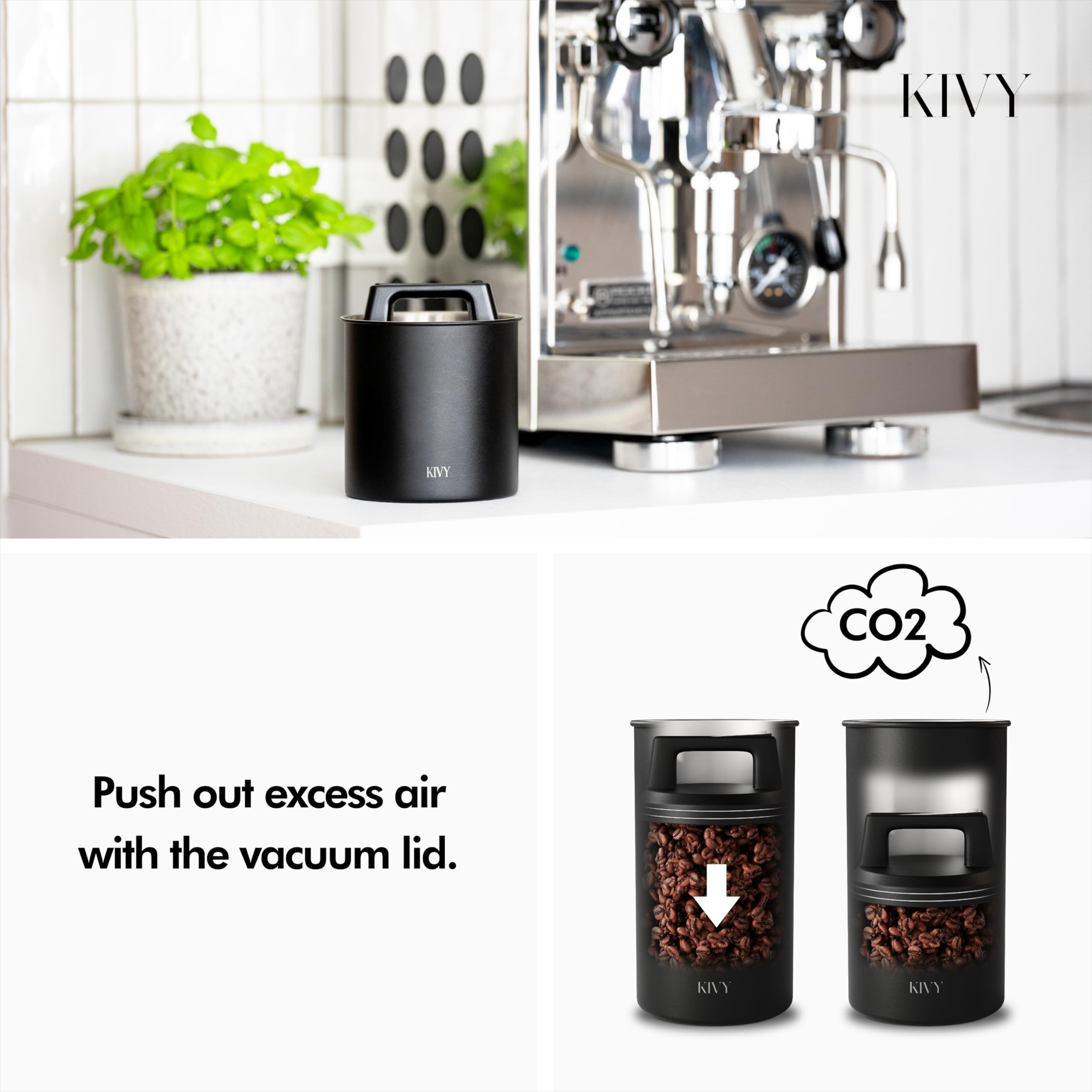 KIVY stainless steel coffee container seal keeps beans airtight for longer shelf life.