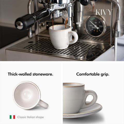 KIVY thick-walled stoneware espresso cups keep your drinks warm longer.