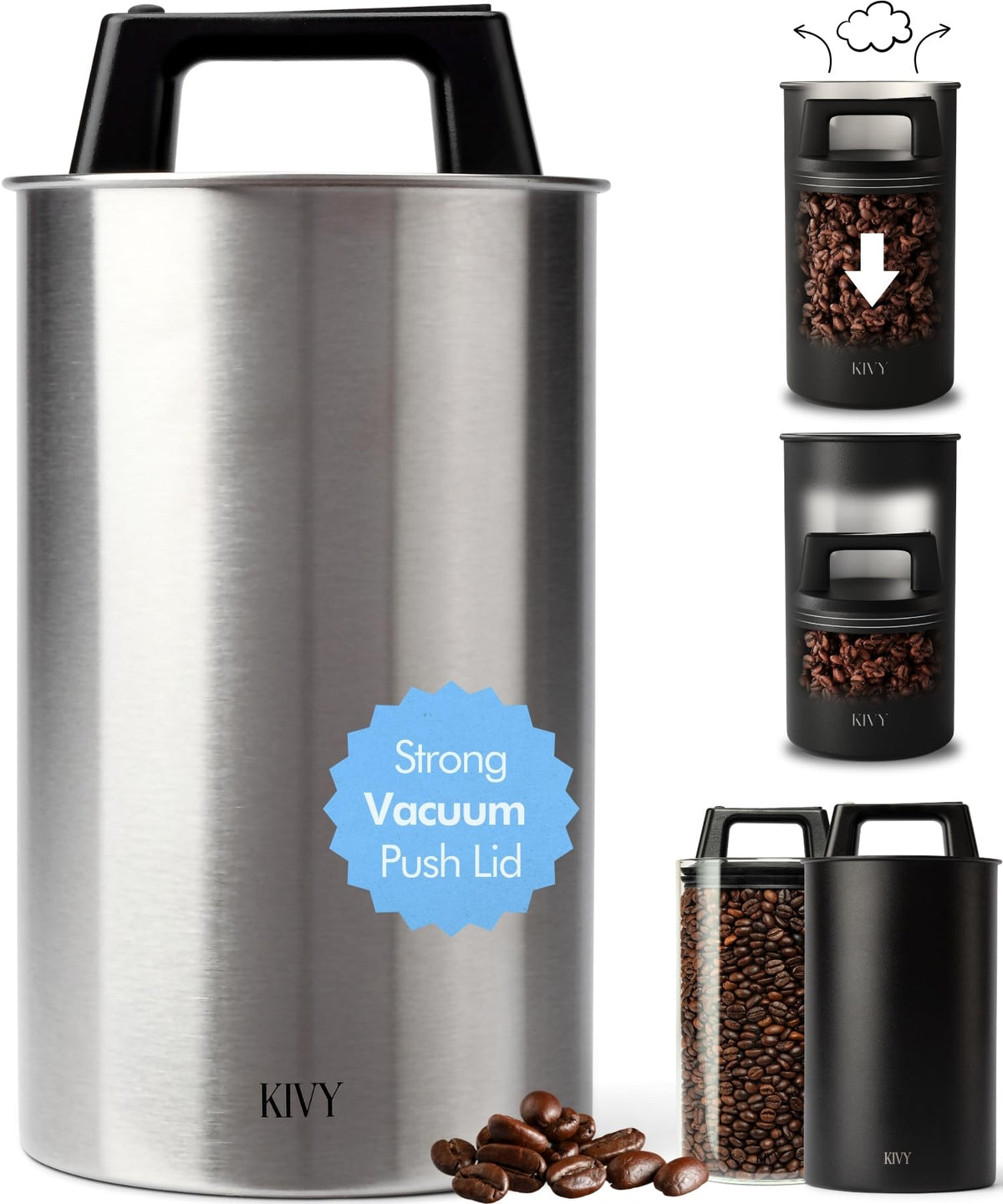 KIVY vacuum coffee canister with push lid preserves aroma and freshness.