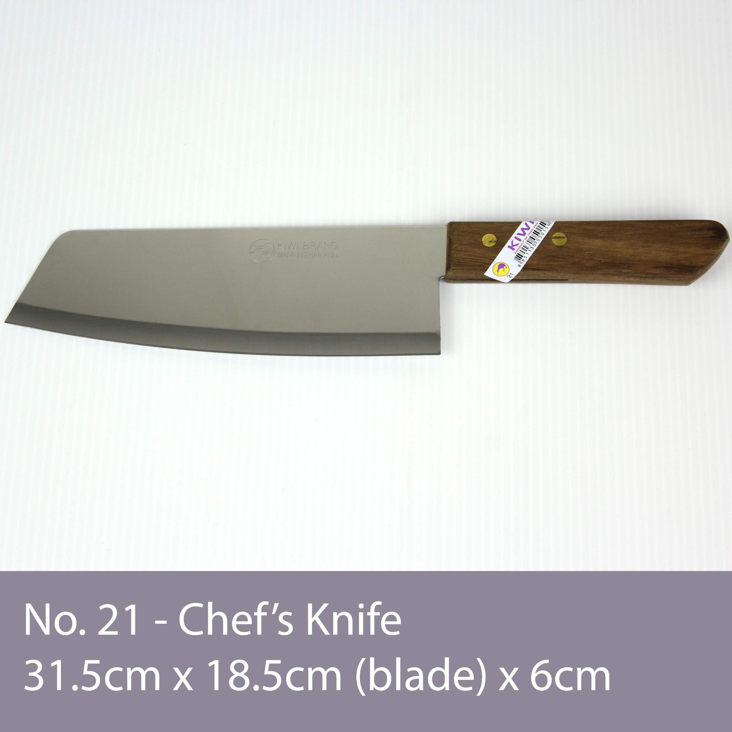 Kiwi brand Thai chef knife handle and blade close-up.