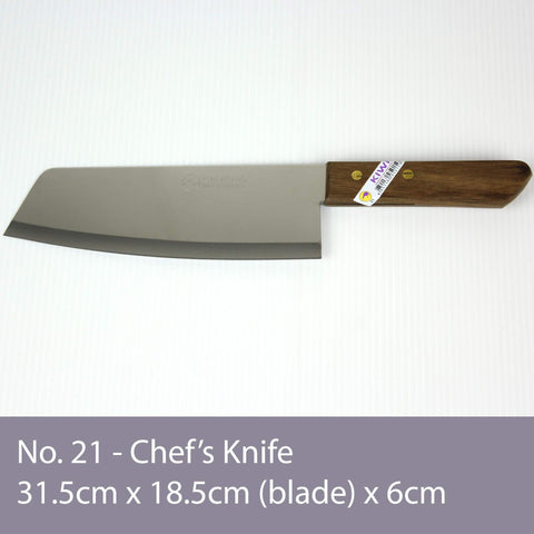 Kiwi brand Thai chef knife handle and blade close-up.