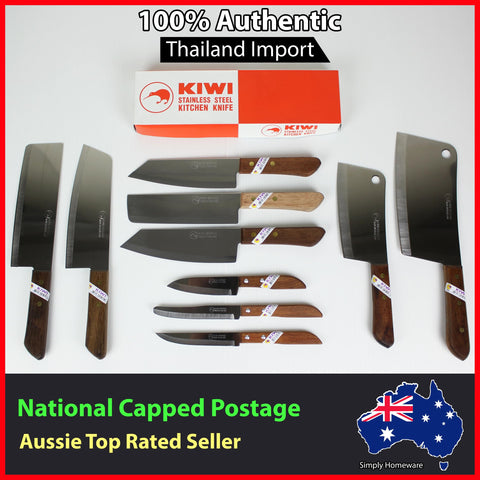 KIWI chef knife #22 natural wood handle showing comfortable, secure grip.