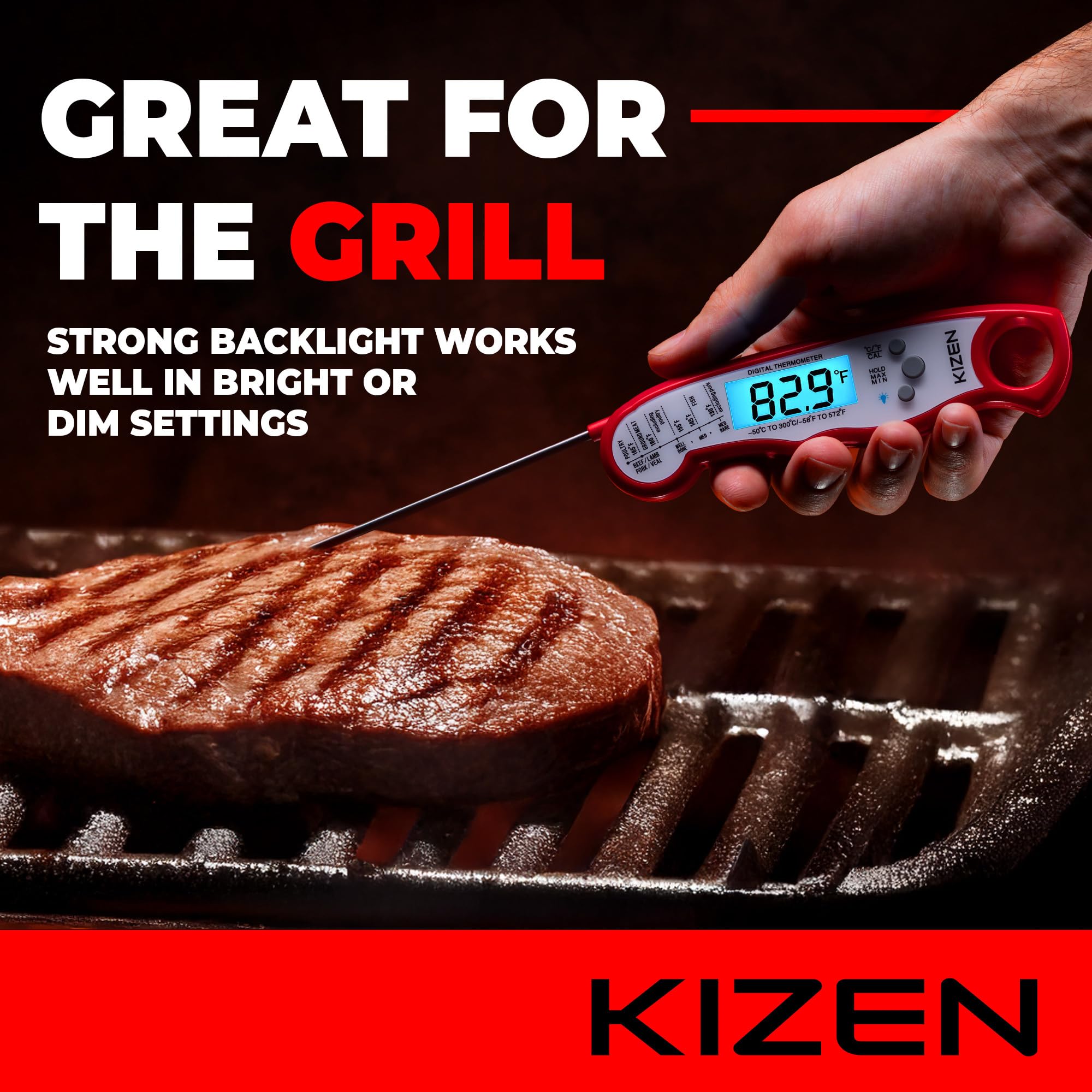 KIZEN thermometer with magnetic back stays within reach