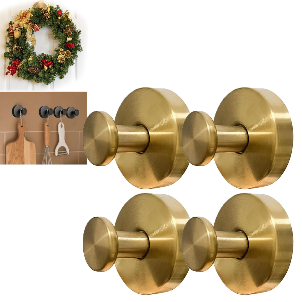 KJMAQI gold door wreath hanger secured on a door for easy seasonal decor.