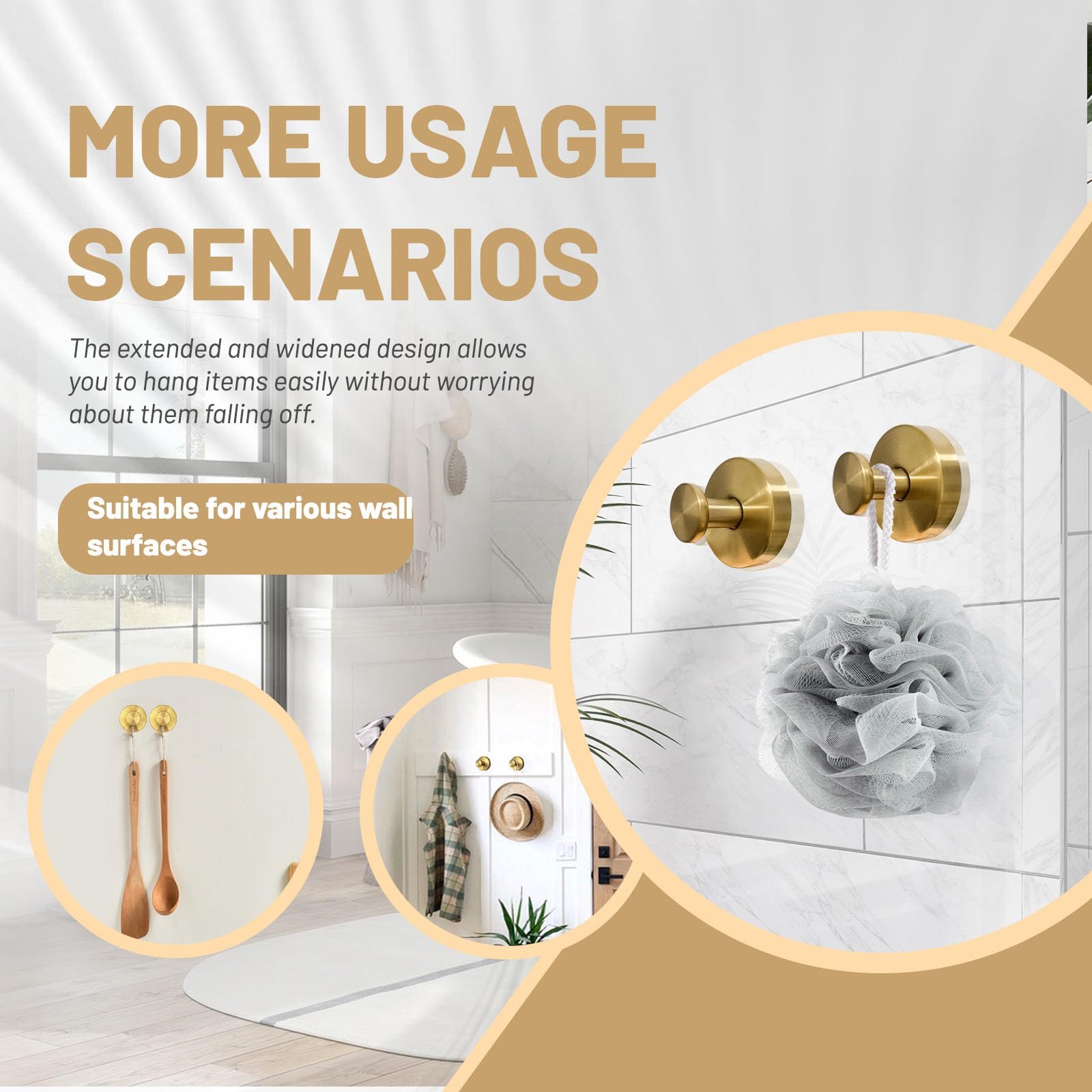 KJMAQI gold towel hook on mirror, space-saving bathroom accessory.