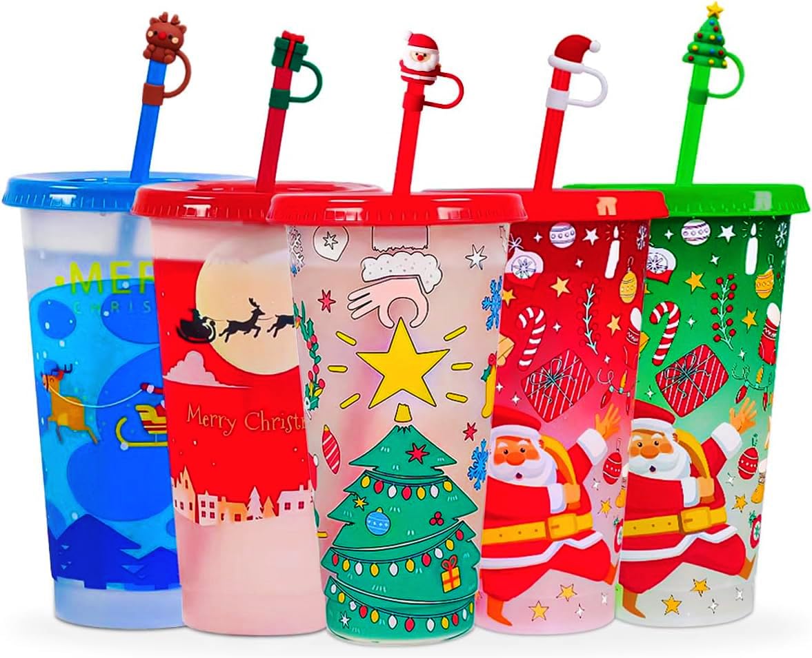 KJRIVER Christmas color-changing cups 5-pack with lids and straws for festive drinks