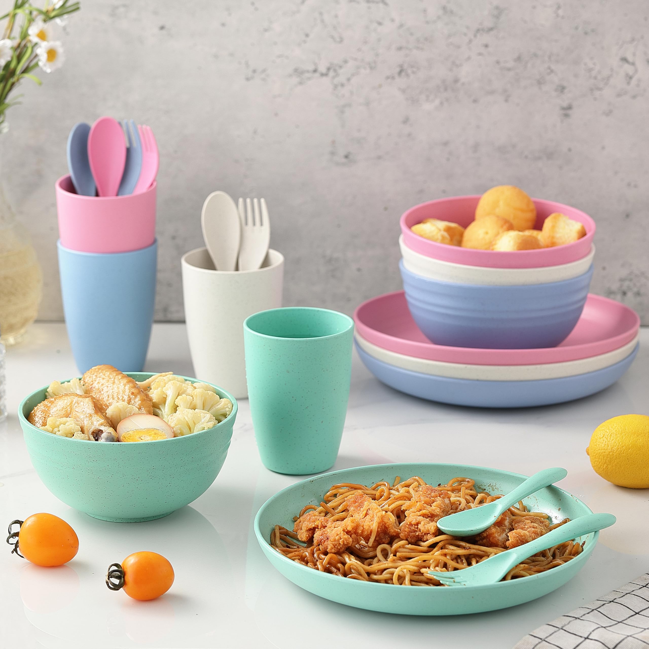 KL Kaloo wheat straw dinnerware in beige pink green blue colors