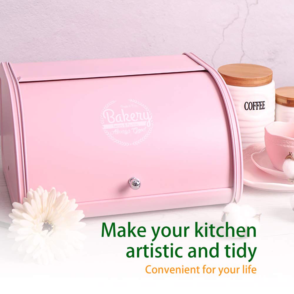 KL X458 pink bread box metal detail emphasizes rust-resistant, durable construction