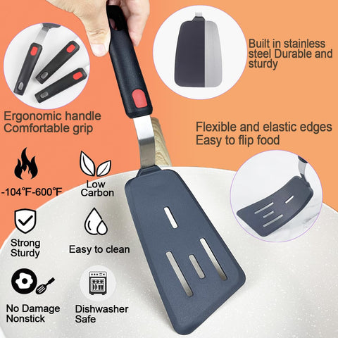 KLAQQED slotted frying spatula drains oil while frying fish or burgers.