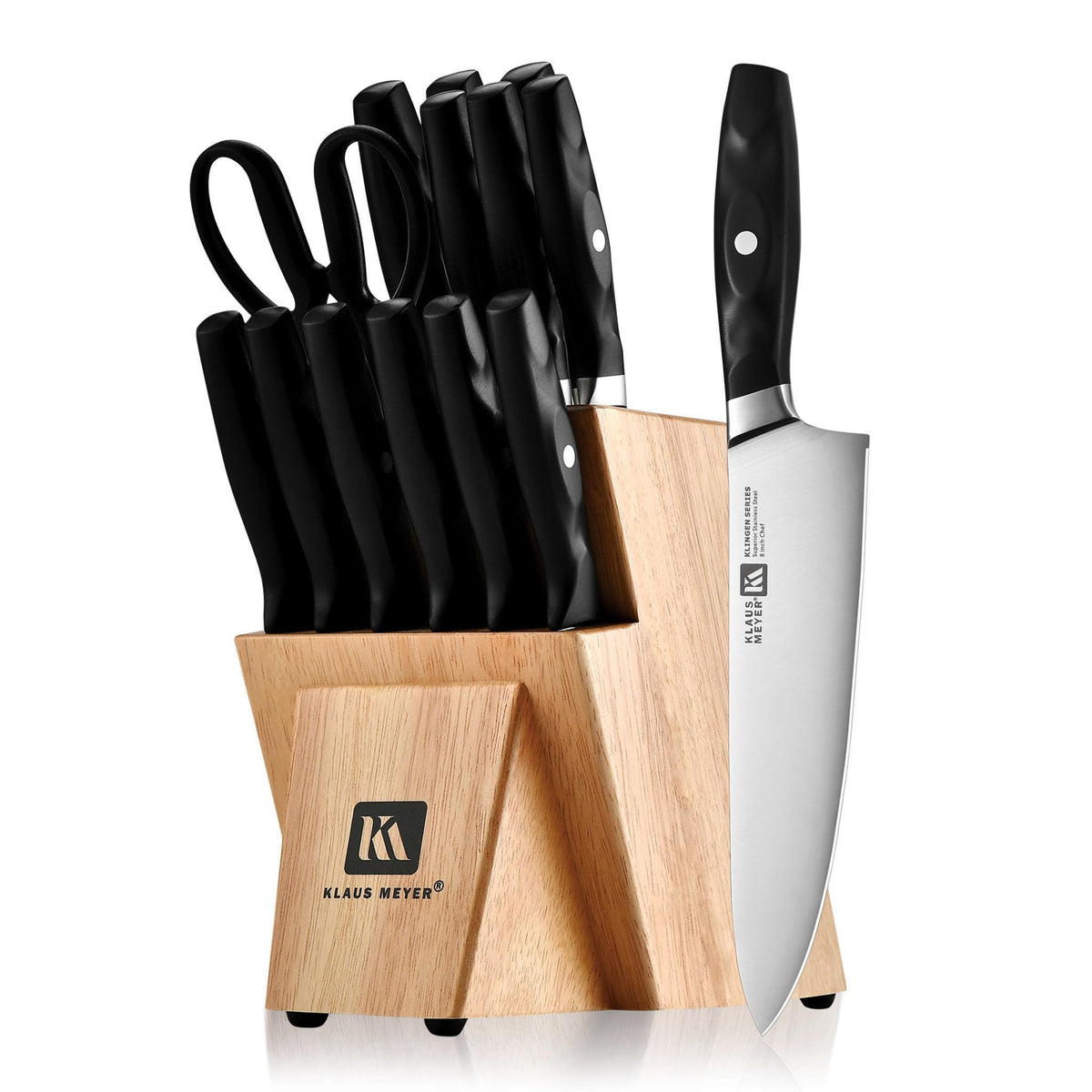 Klaus Meyer 15-piece knife block set displayed for organized kitchen prep.