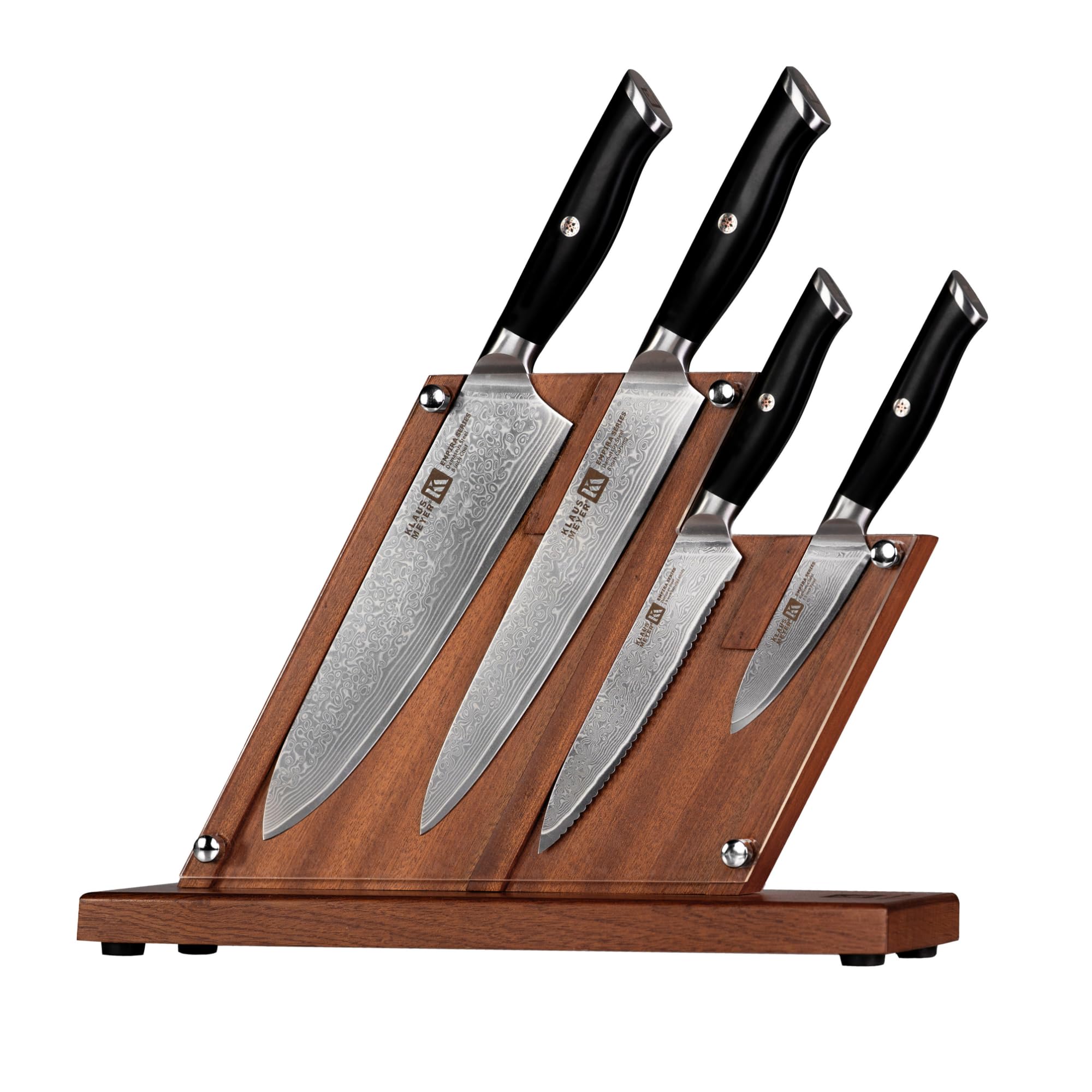 Klaus Meyer Damascus knife block set with full-tang blades for stable cutting prep.