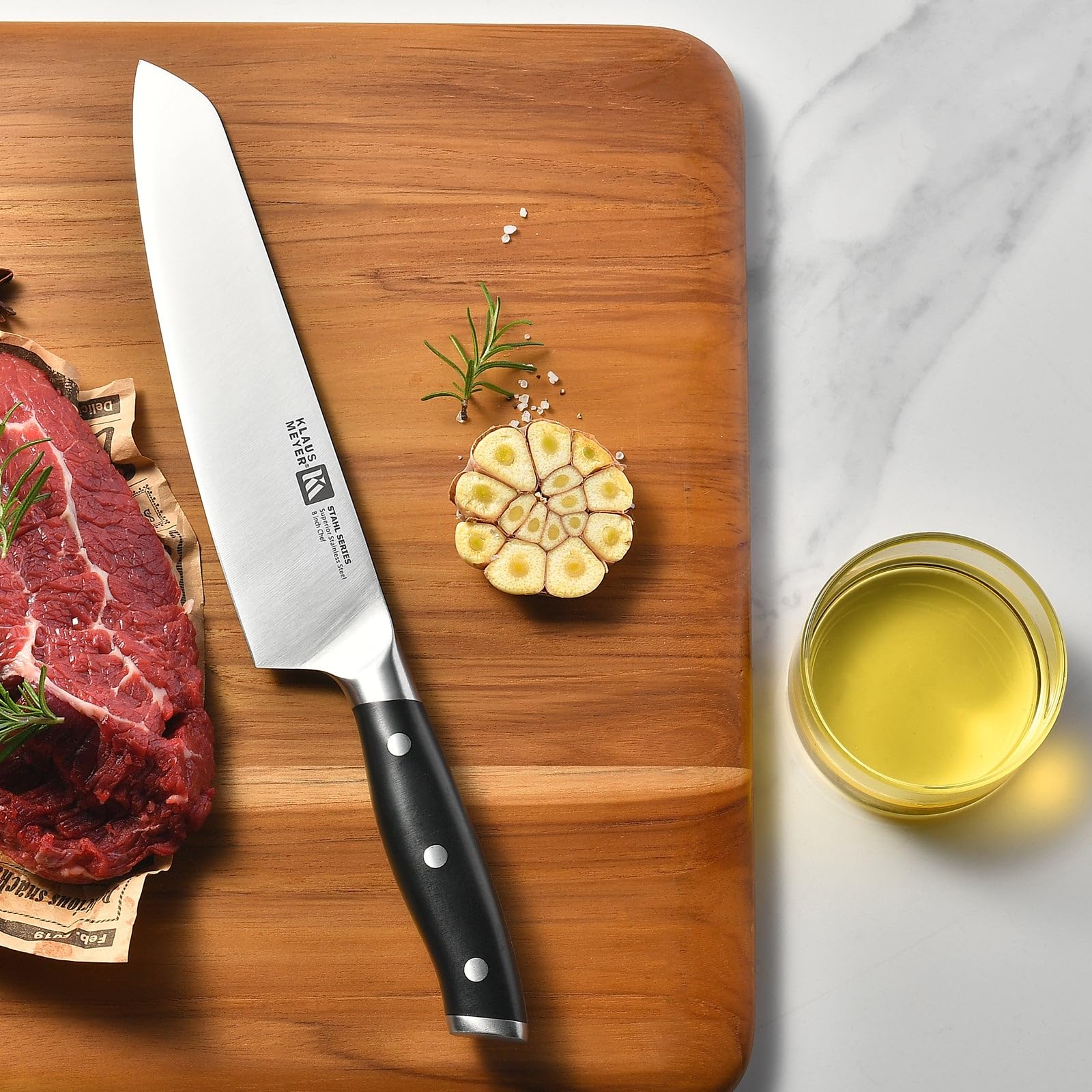 Klaus Meyer Stahl 5.5-inch Santoku for nimble, detailed prep tasks.