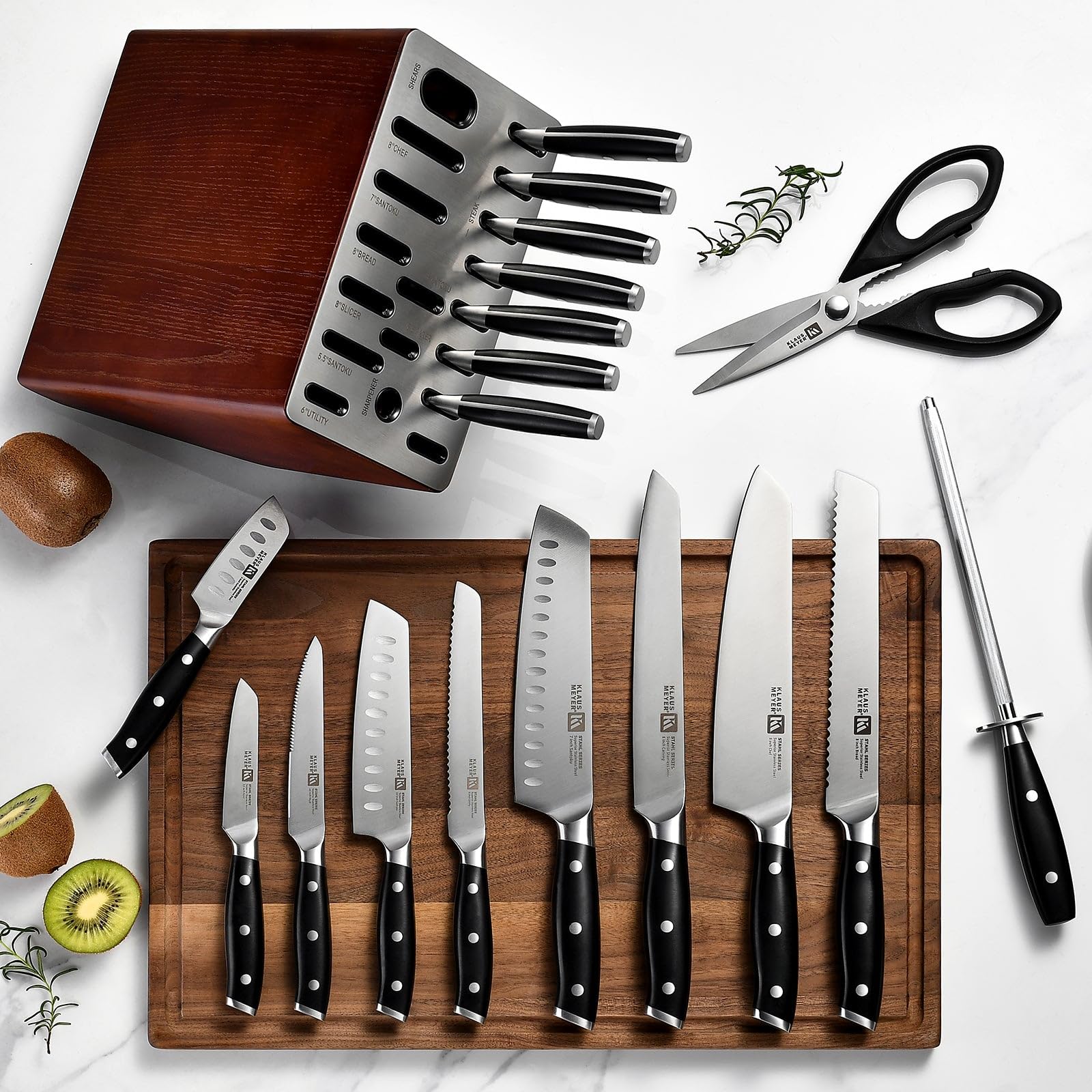 Klaus Meyer Stahl 7-inch Santoku for versatile chopping and precision mincing.
