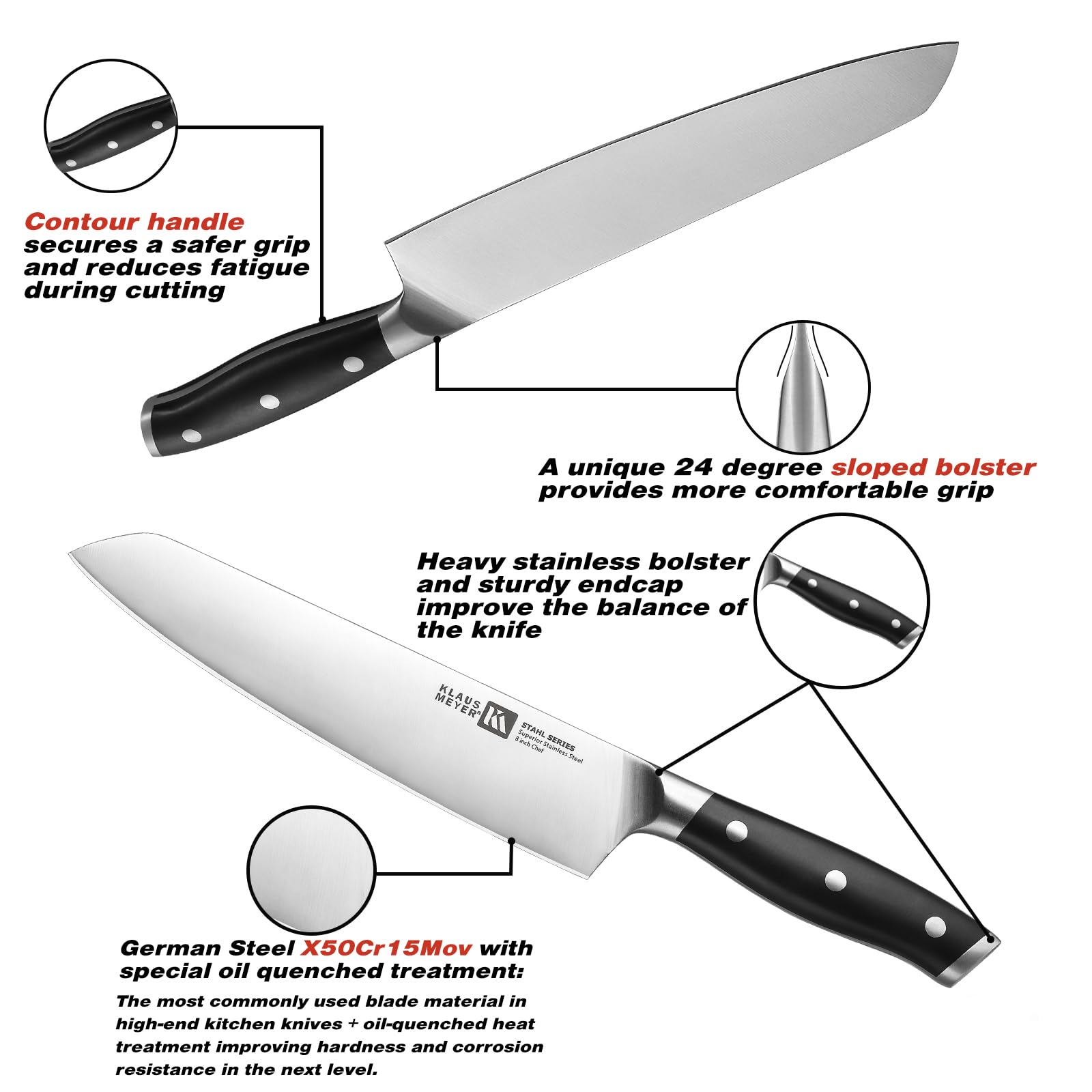 Klaus Meyer Stahl 8-inch chef knife shown for precise, effortless slicing.
