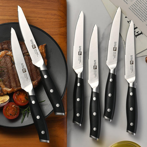 Klaus Meyer Stahl eight-piece steak knives deliver clean cuts at the table.