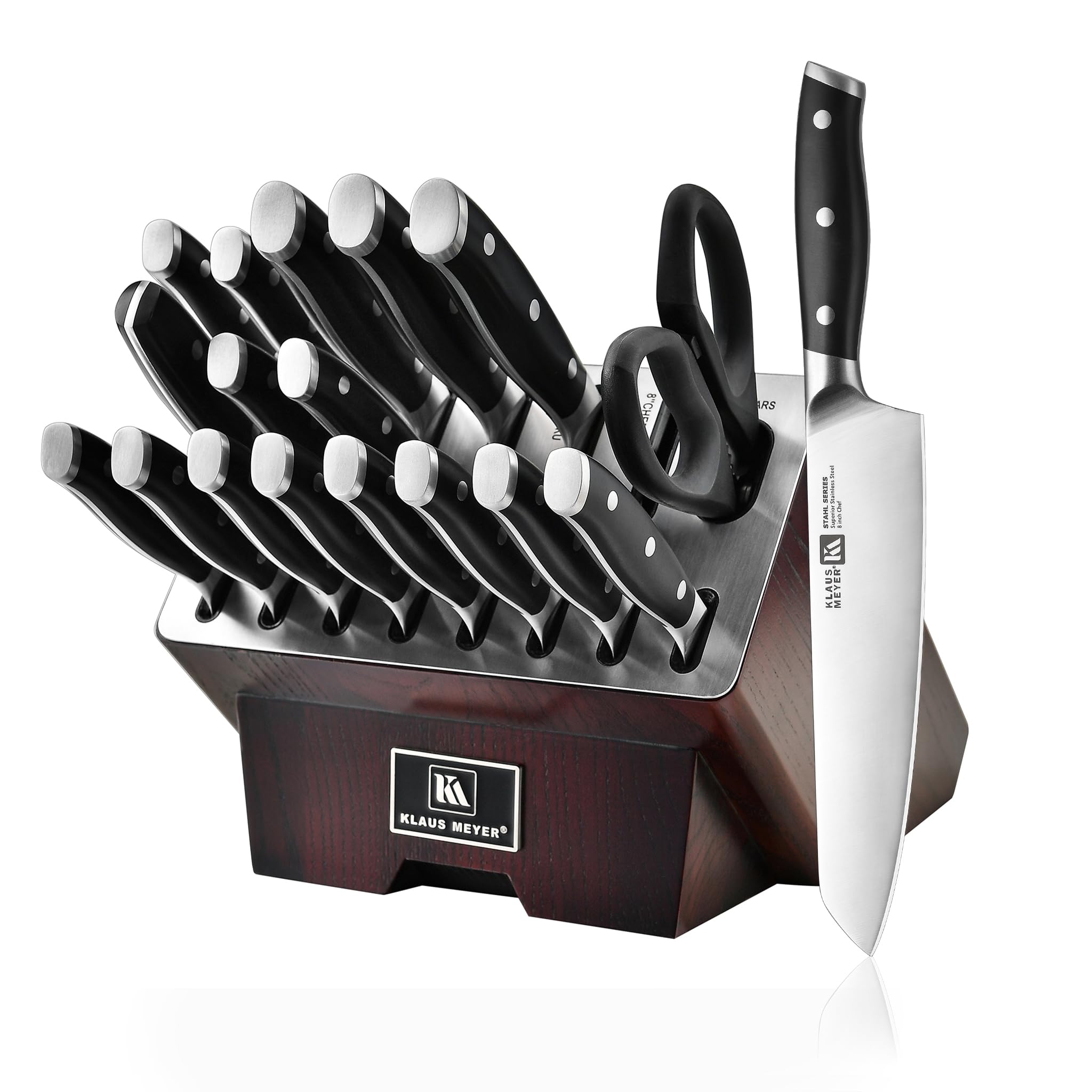 Klaus Meyer Stahl knife block with wooden stand holds blades neatly for safe, organized storage.