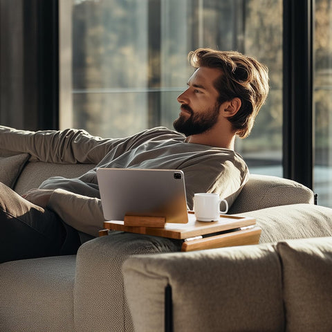 Klavio Acacia arm tray side table keeps remotes within reach