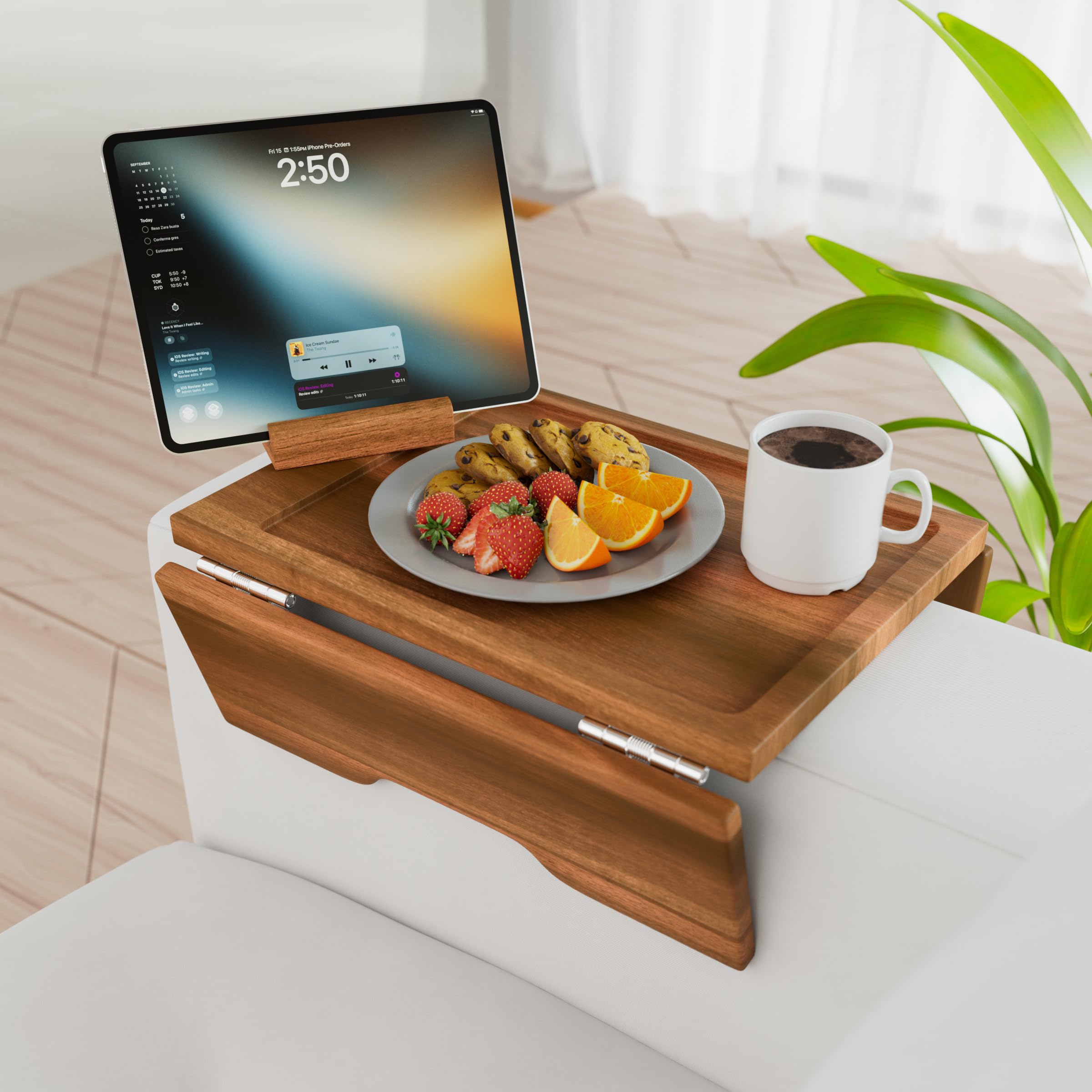 Klavio Acacia couch arm tray clip-on secures snacks and drinks