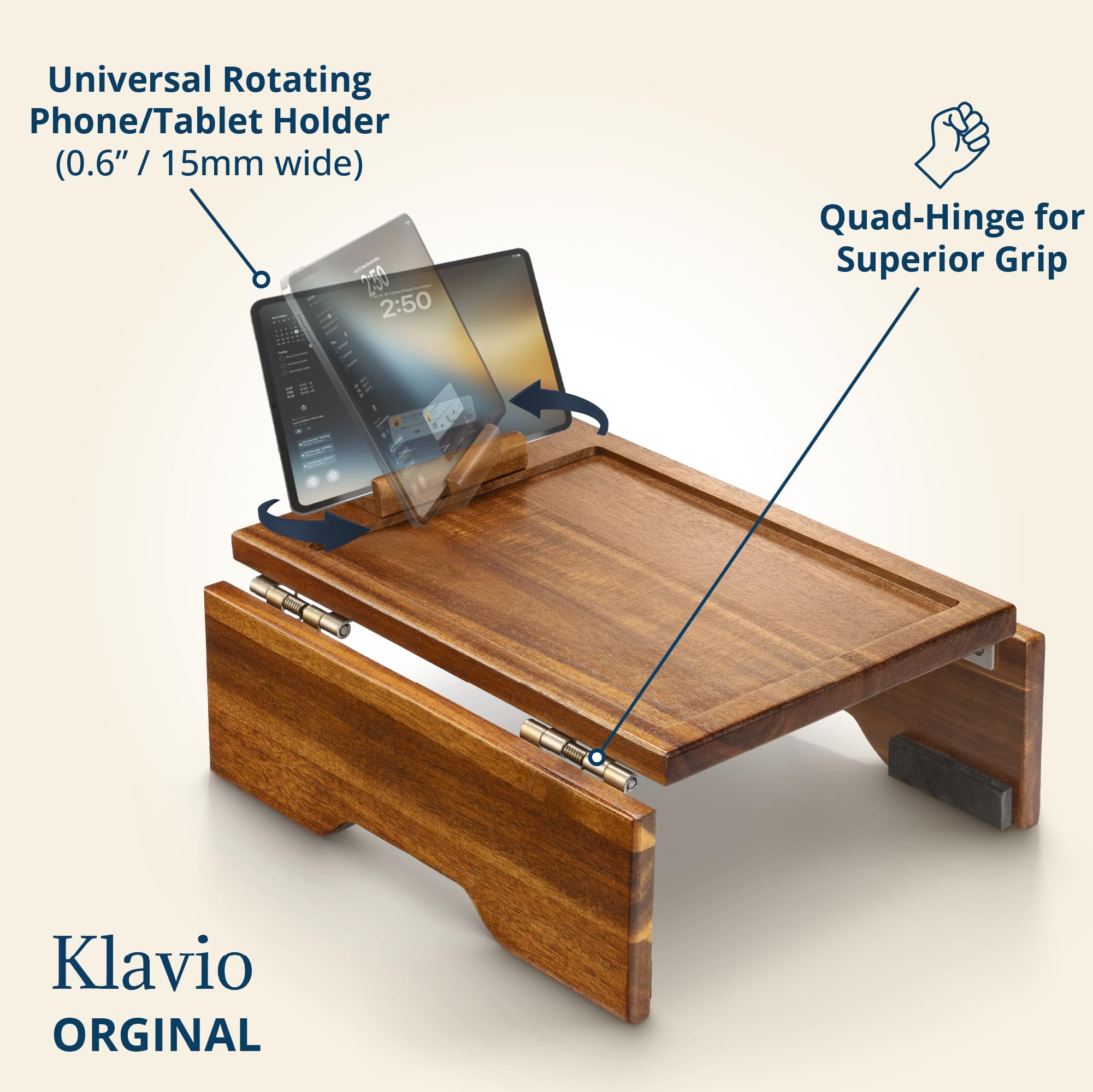 Klavio Acacia arm tray with rotating phone holder for hands-free viewing