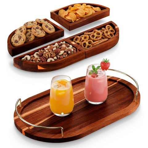 Klavio modular oval tray in acacia wood with removable sections for easy grazing.