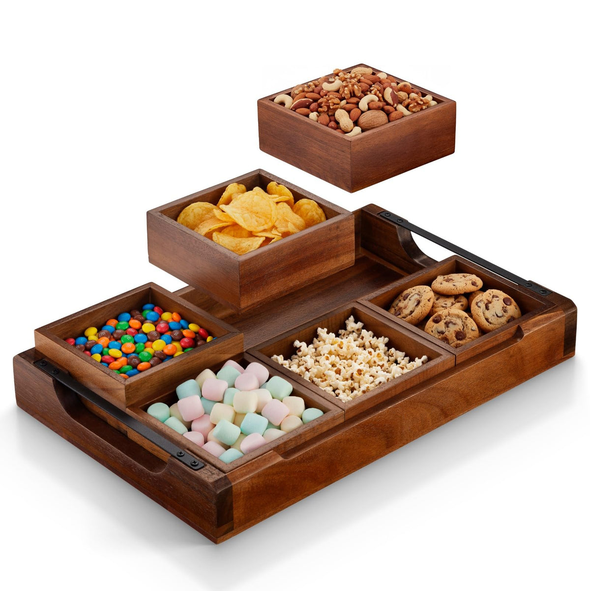 Klavio Modular Serving Tray in acacia wood for an elegant party presentation.