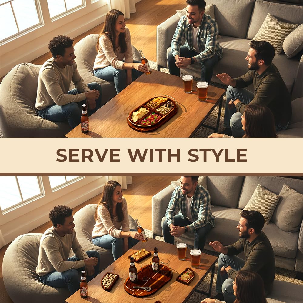 Klavio acacia wood tray showing removable inner trays for snacks.