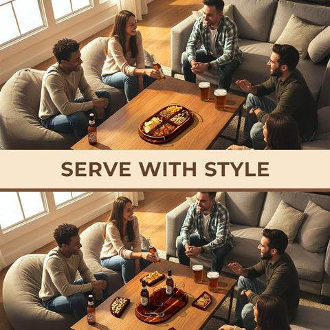 Klavio acacia wood tray showing removable inner trays for snacks.