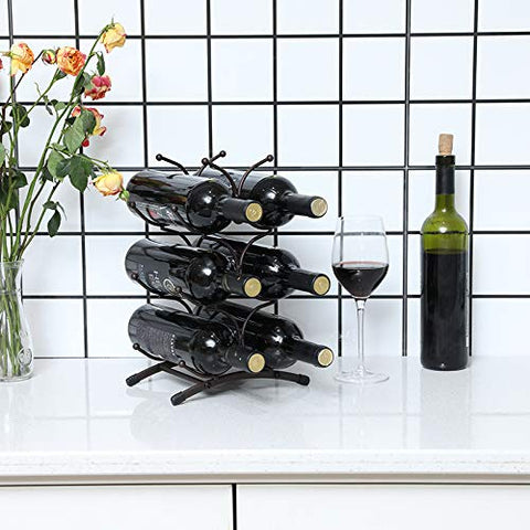 KLGO countertop wine rack with six-bottle capacity on display-ready metal design.