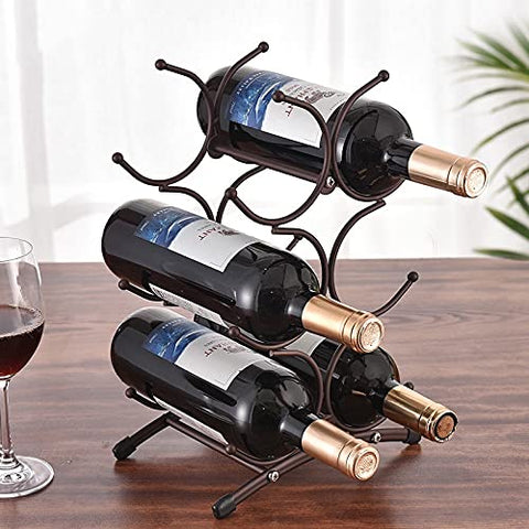 KLGO coffee-color wine rack front view, compact countertop storage for six bottles.