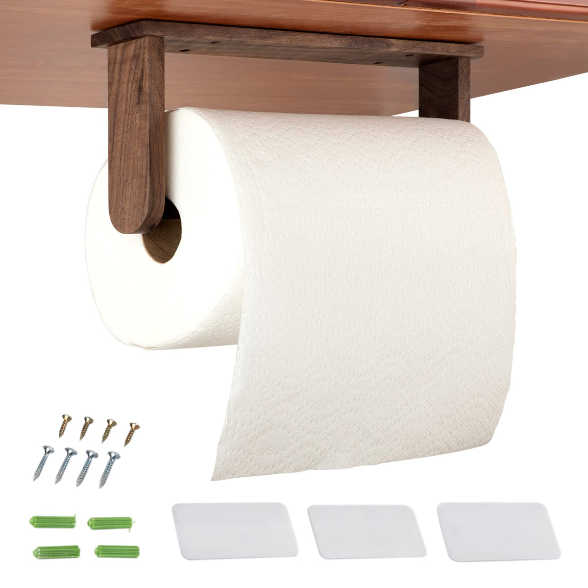 Klleyna wood paper towel holder under cabinet highlights sturdy base and seamless tearing.