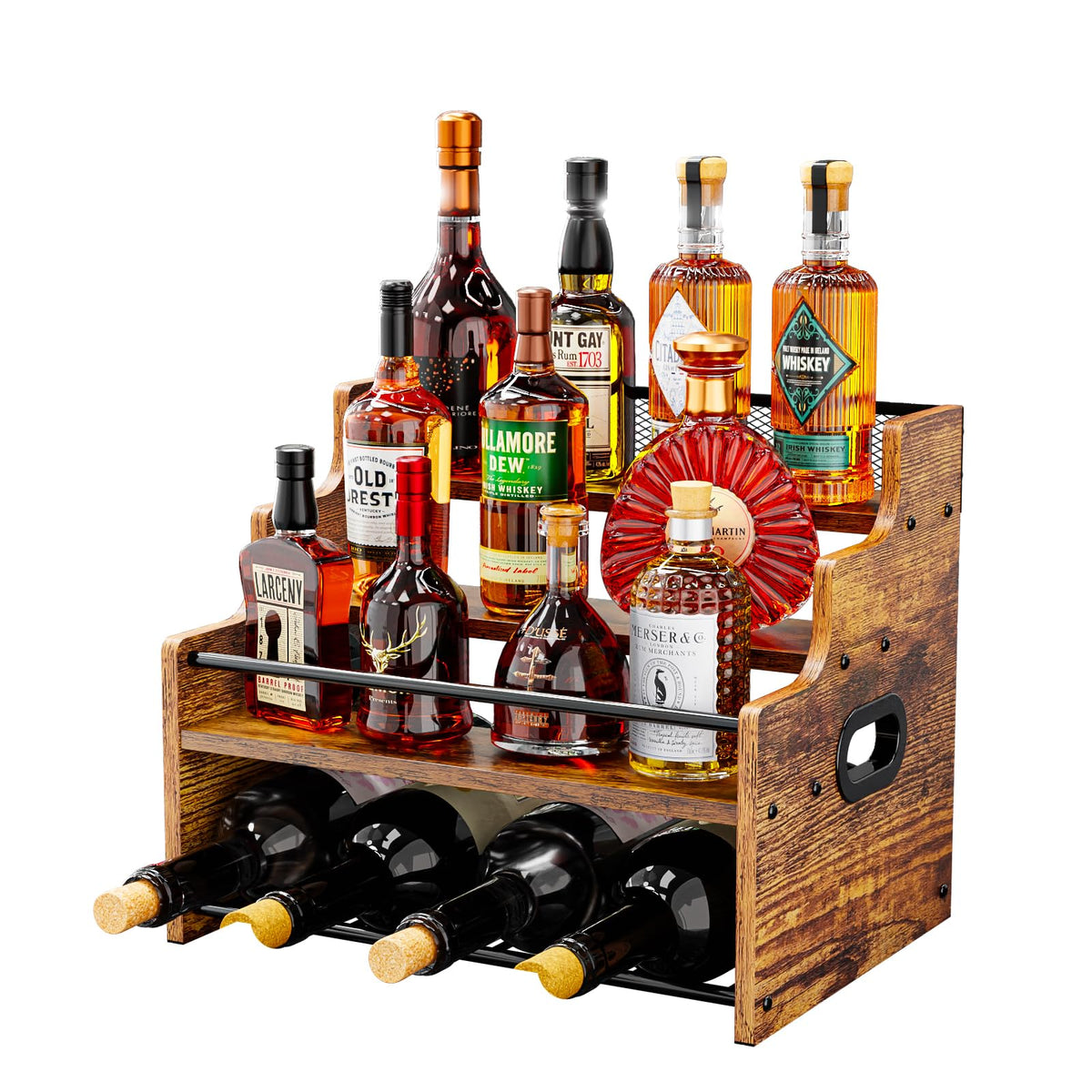 KLM 4-tier wood display shelf front view for organized bottle display at home