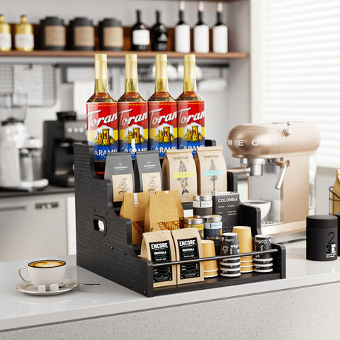 KLM four-tier wooden shelf provides visibility and easy access.