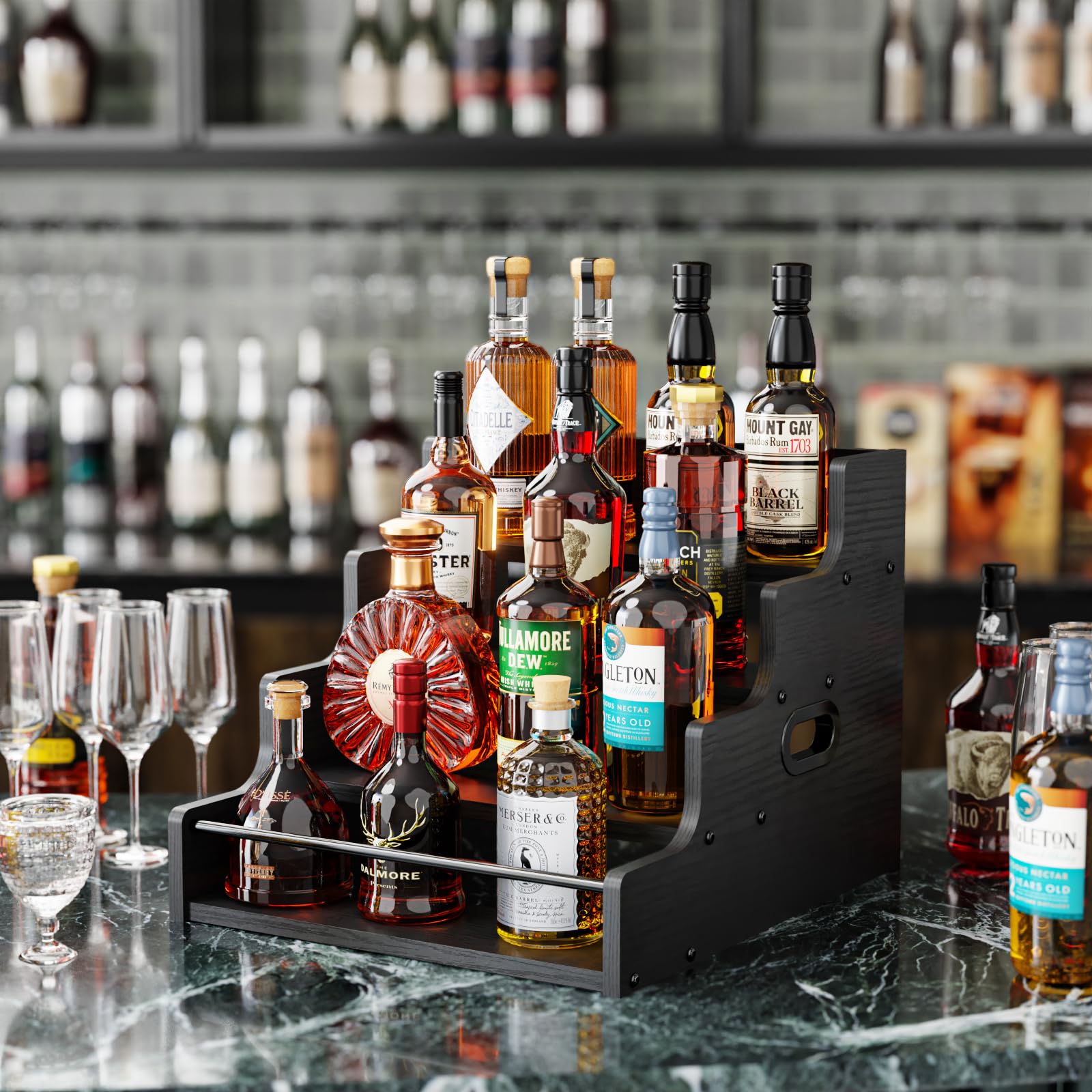 KLM coffee syrup rack organizer keeps flavors neatly arranged on the counter.