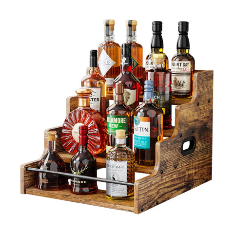 KLM liquor bottle display shelf in brown showing organized bottle arrangement for easy access