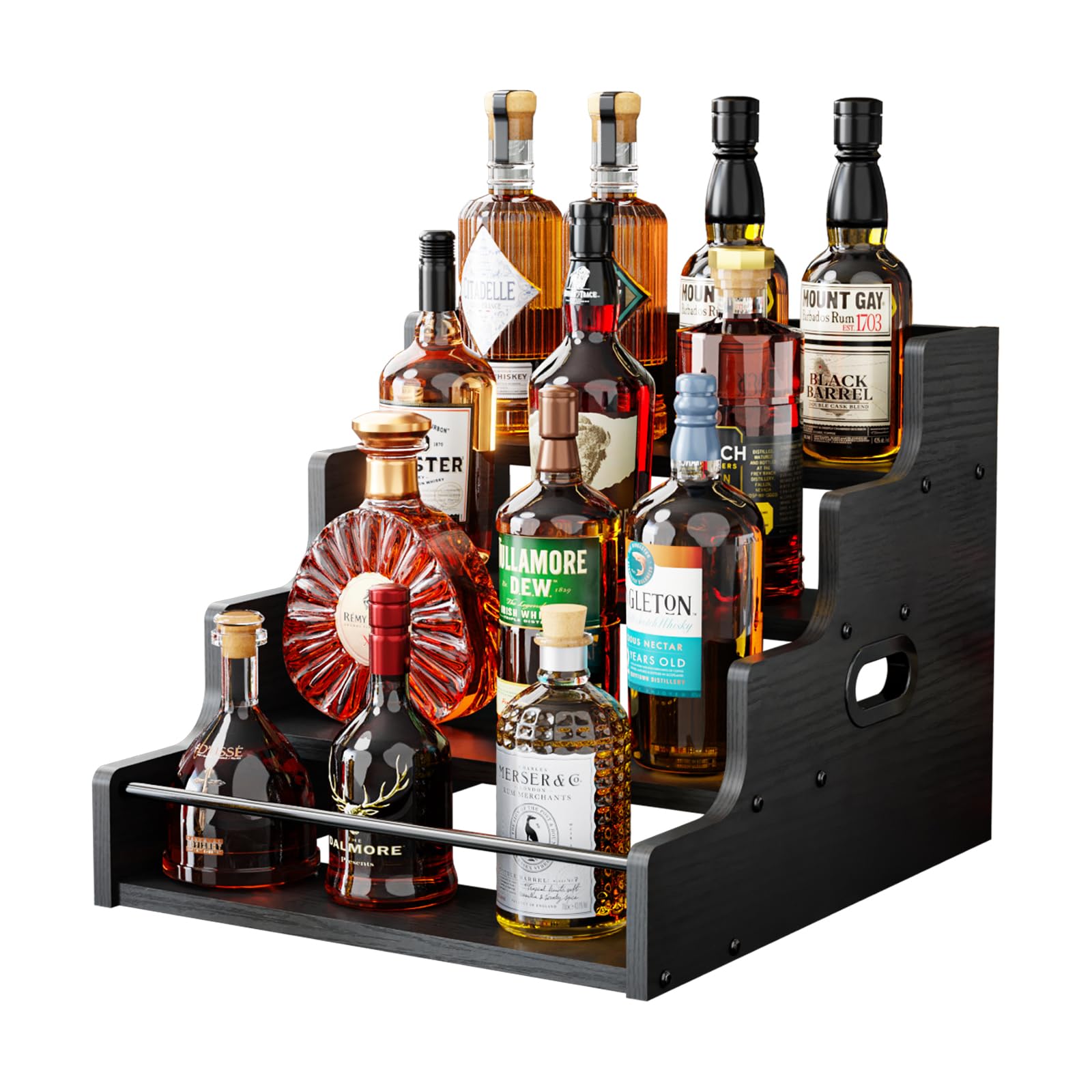 KLM liquor bottle display shelf showcases bottles on a sturdy four-tier wood rack.
