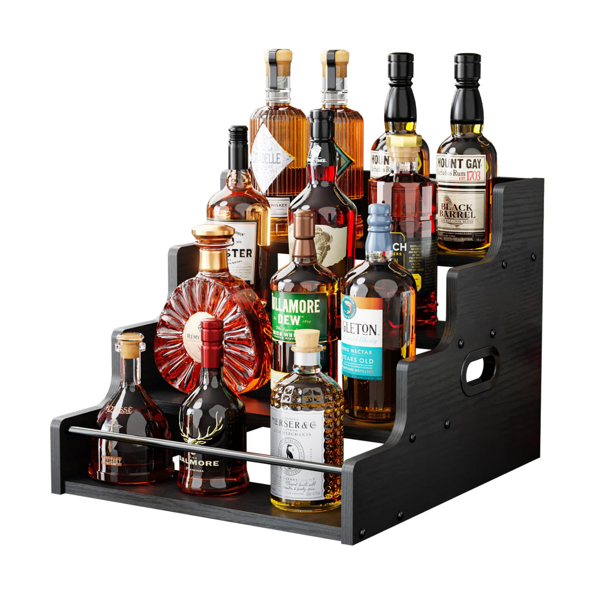 KLM liquor bottle display shelf showcases bottles on a sturdy four-tier wood rack.