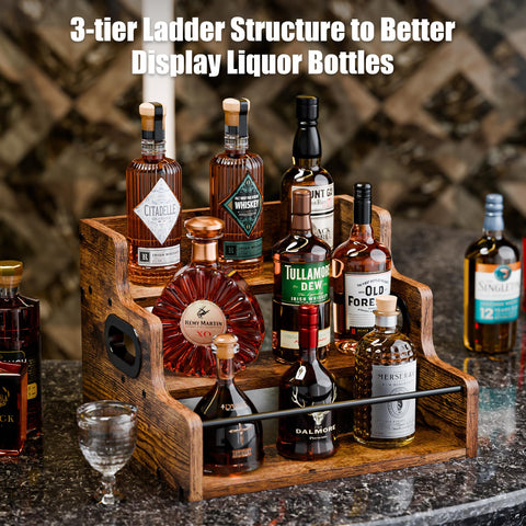 KLM liquor cabinet display unit elevates bottle arrangement with a warm retro wood tone.