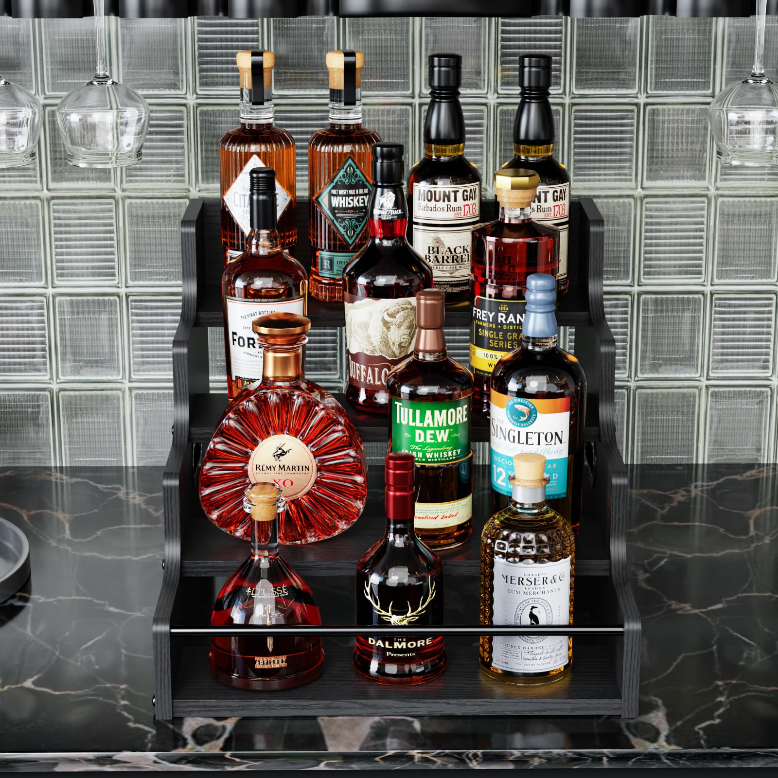 KLM mini bar stand with a sleek black finish.