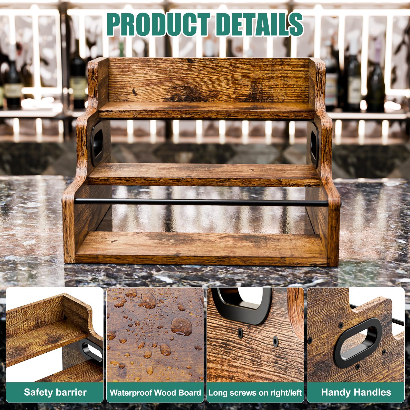 KLM retro wood bar shelf highlights bottles and adds vintage charm to home bars.