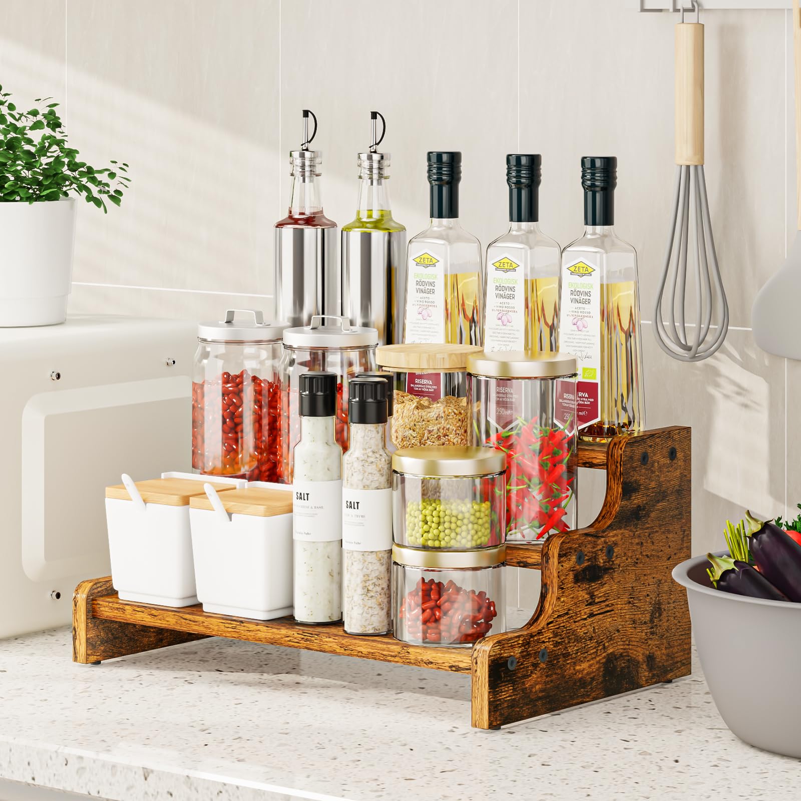 KLM spice rack with rustic brown finish adds warmth while keeping jars organized