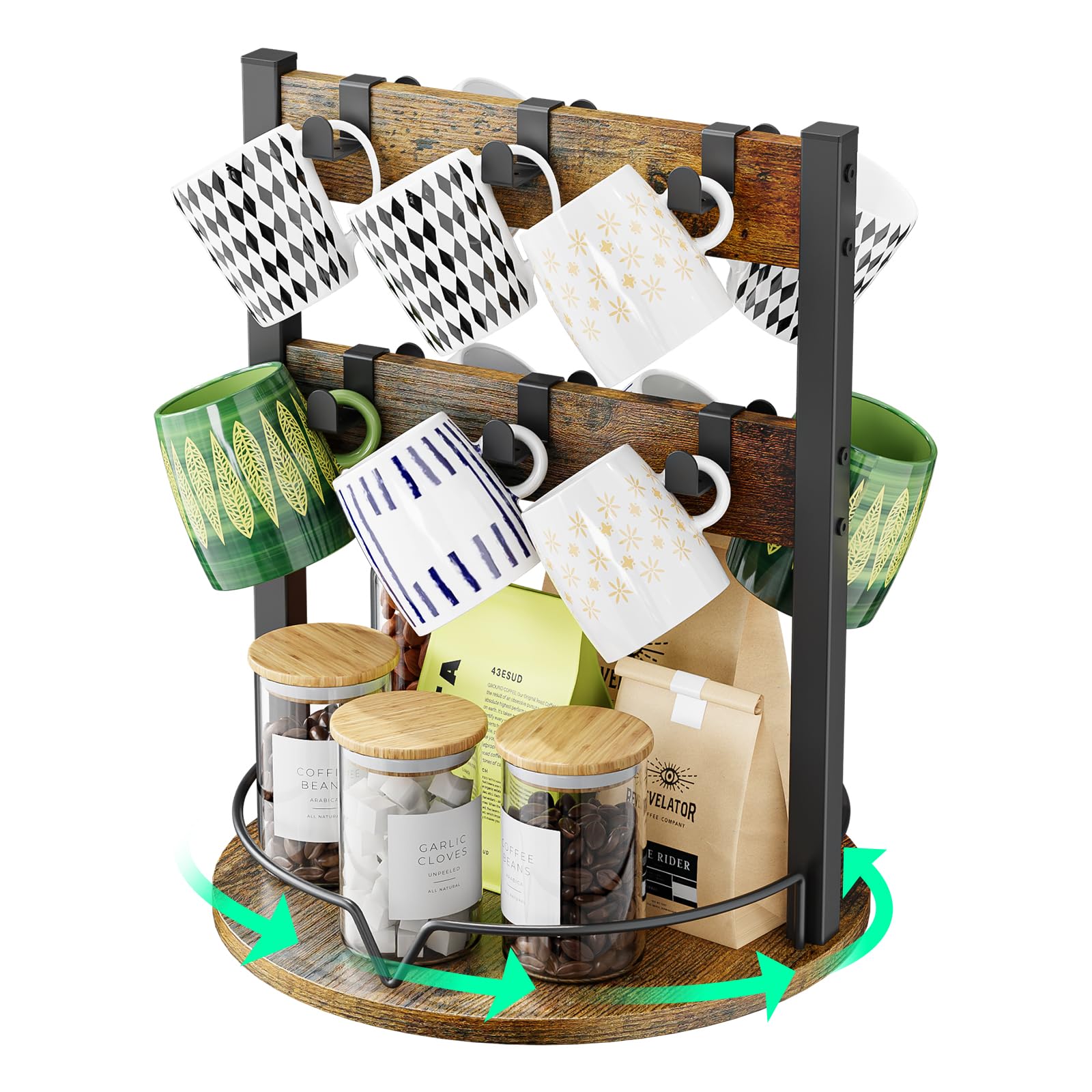 KLM Wood Coffee Mug Holder with rotating base for easy mug access