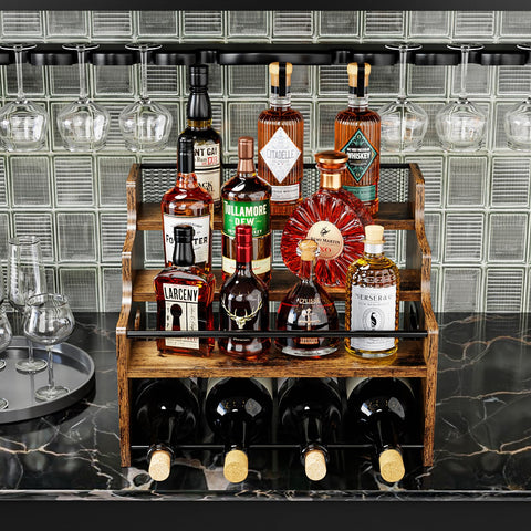 KLM bottom storage rack demonstrates capacity for liquor bottles and syrups