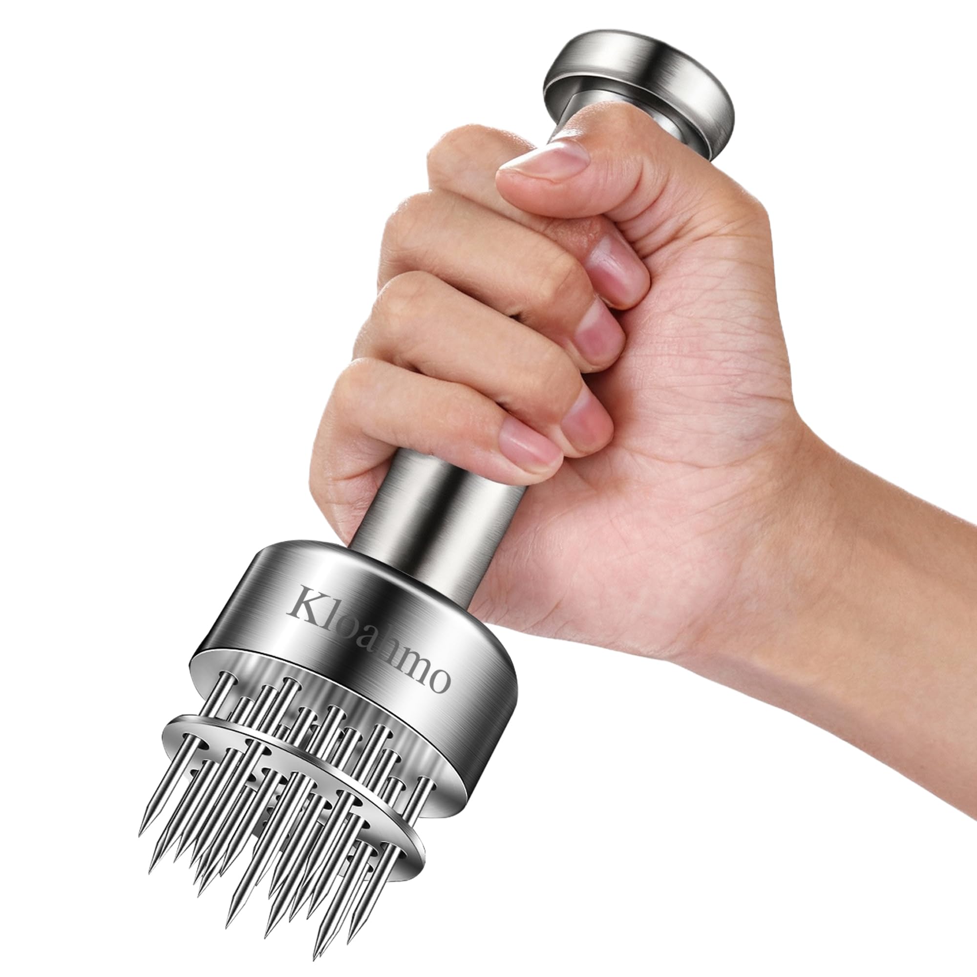 Kloahmo 21-needle meat tenderizer close-up showing marinade absorption benefit