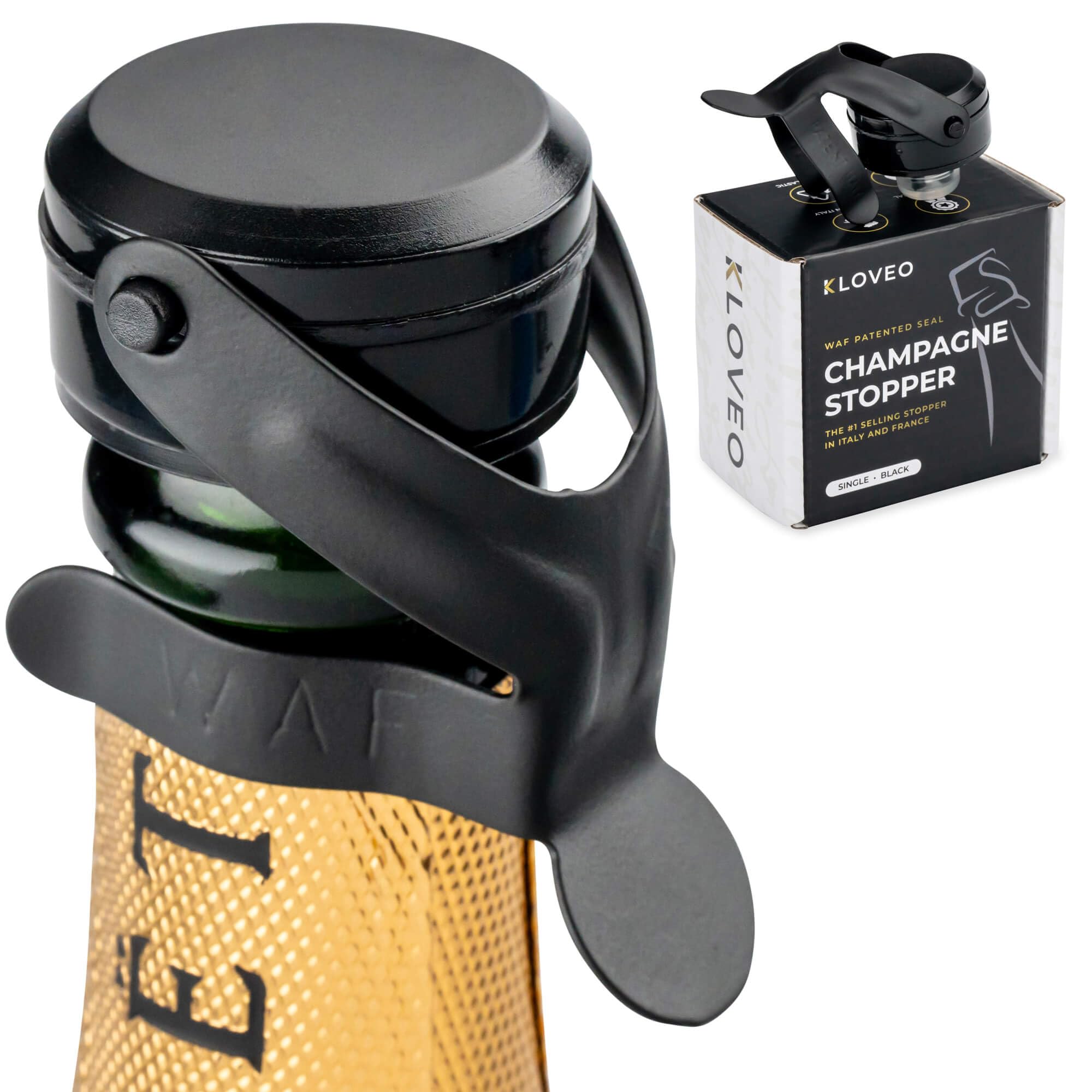 KLOVEO champagne stopper with black cap seals Prosecco bottle to retain bubbles