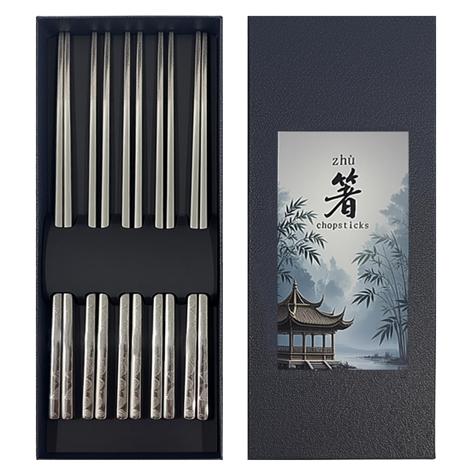 Kloveright 5-pairs chopsticks—316 stainless steel, 9.5 inches, durable and reusable for everyday dining.