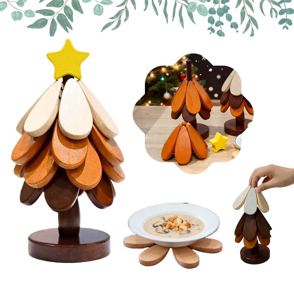 KLROAD wooden tree trivet in natural walnut wood protects countertops from hot dishes.