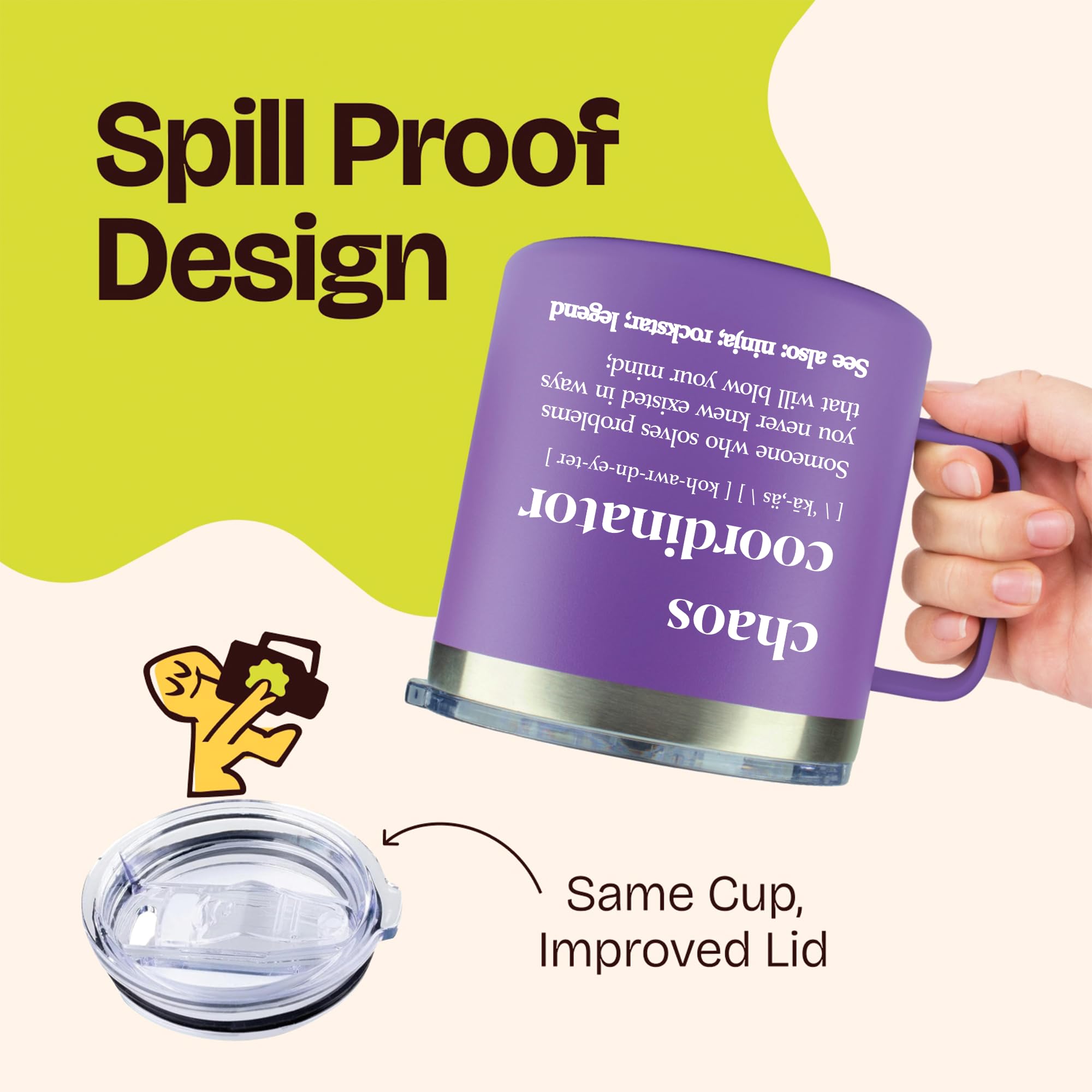 KLUBI Chaos Coordinator 14oz purple tumbler on desk boosts productivity