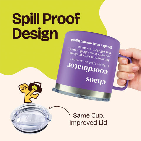 KLUBI Chaos Coordinator 14oz purple tumbler on desk boosts productivity