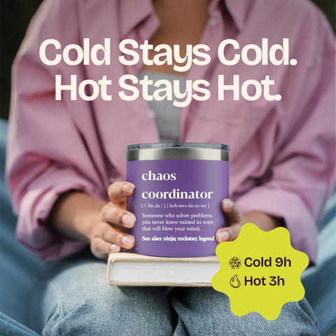 KLUBI Chaos Coordinator 14oz purple tumbler in gift box, ready for gifting