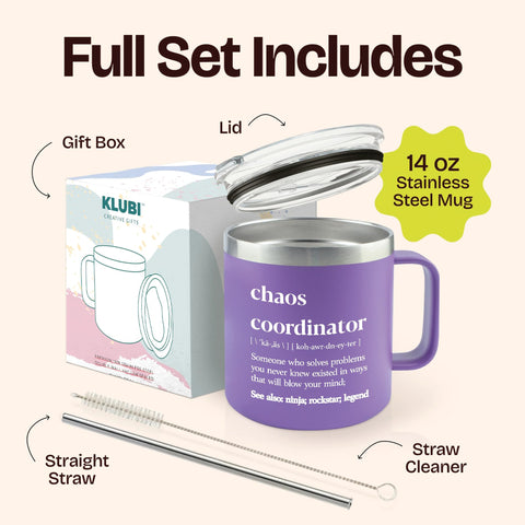 KLUBI Chaos Coordinator 14oz purple tumbler lid closed for travel leak-free reliability